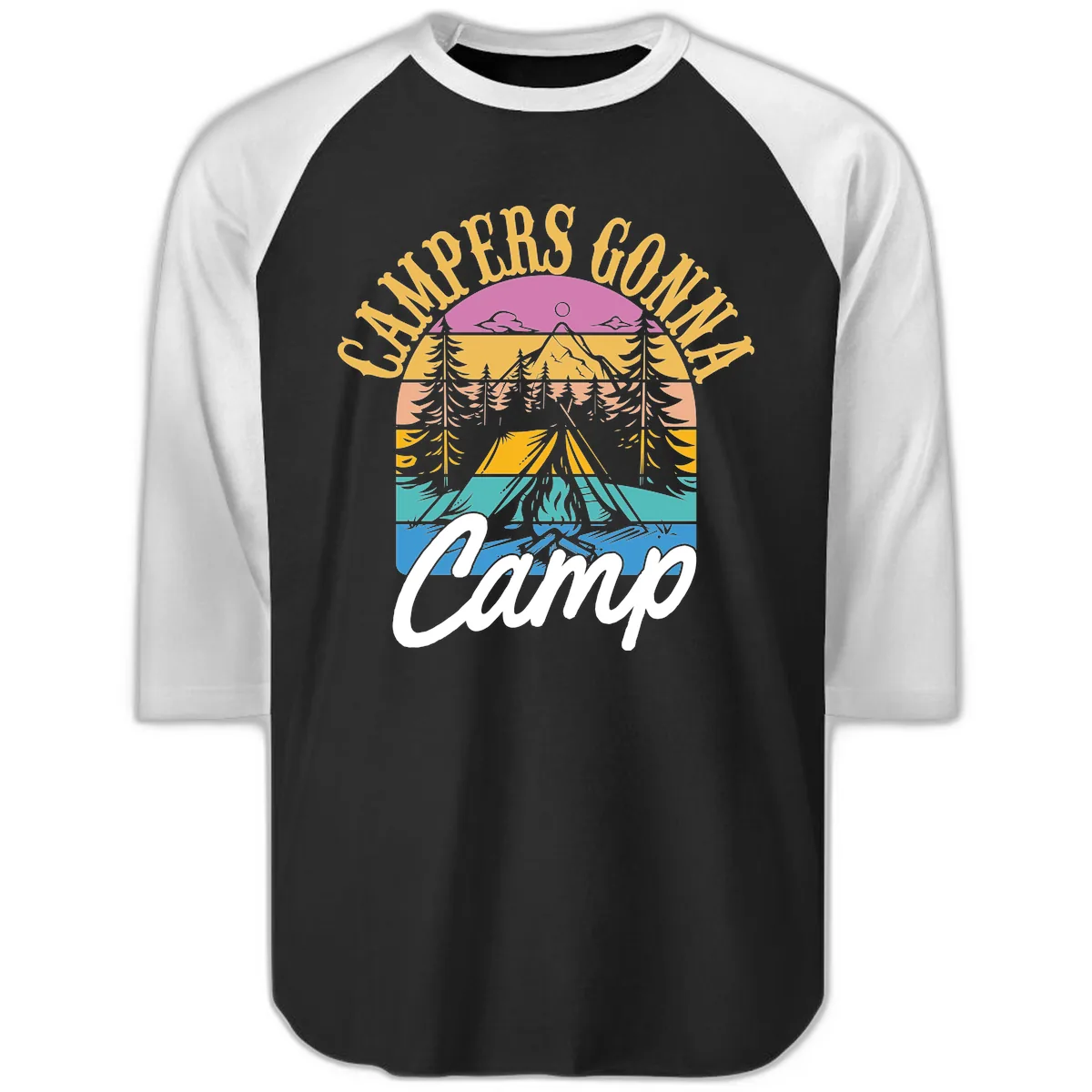 Campers Going Retro Sunset Raglan 3/4 in Black White