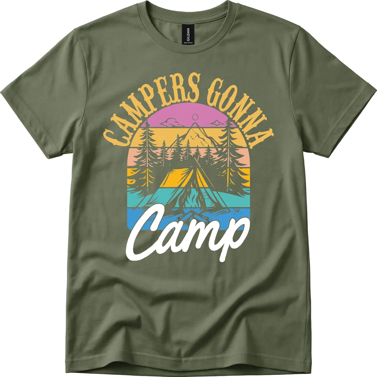 Campers Going Retro Sunset T-Shirt in Military Green