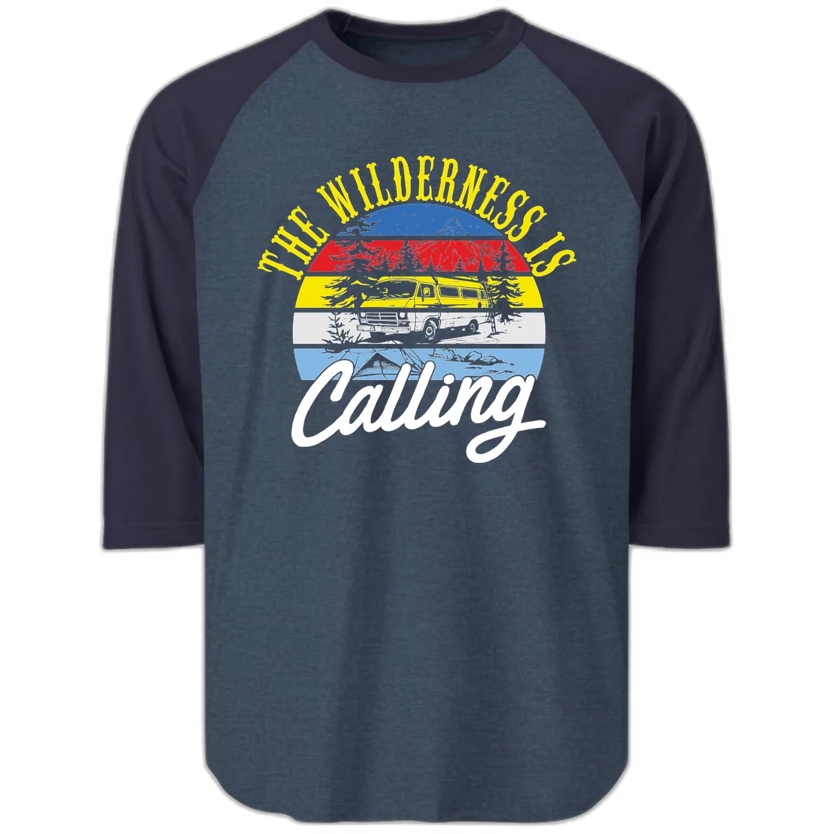 The Wilderness Is Calling Raglan 3/4 in Heather Denim Navy