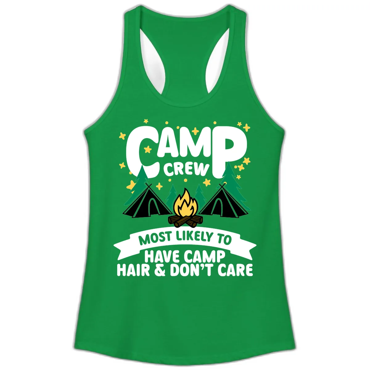 Camp Crew Most Likely Hair Don't Care Ladies Tank in Solid Kelly Green