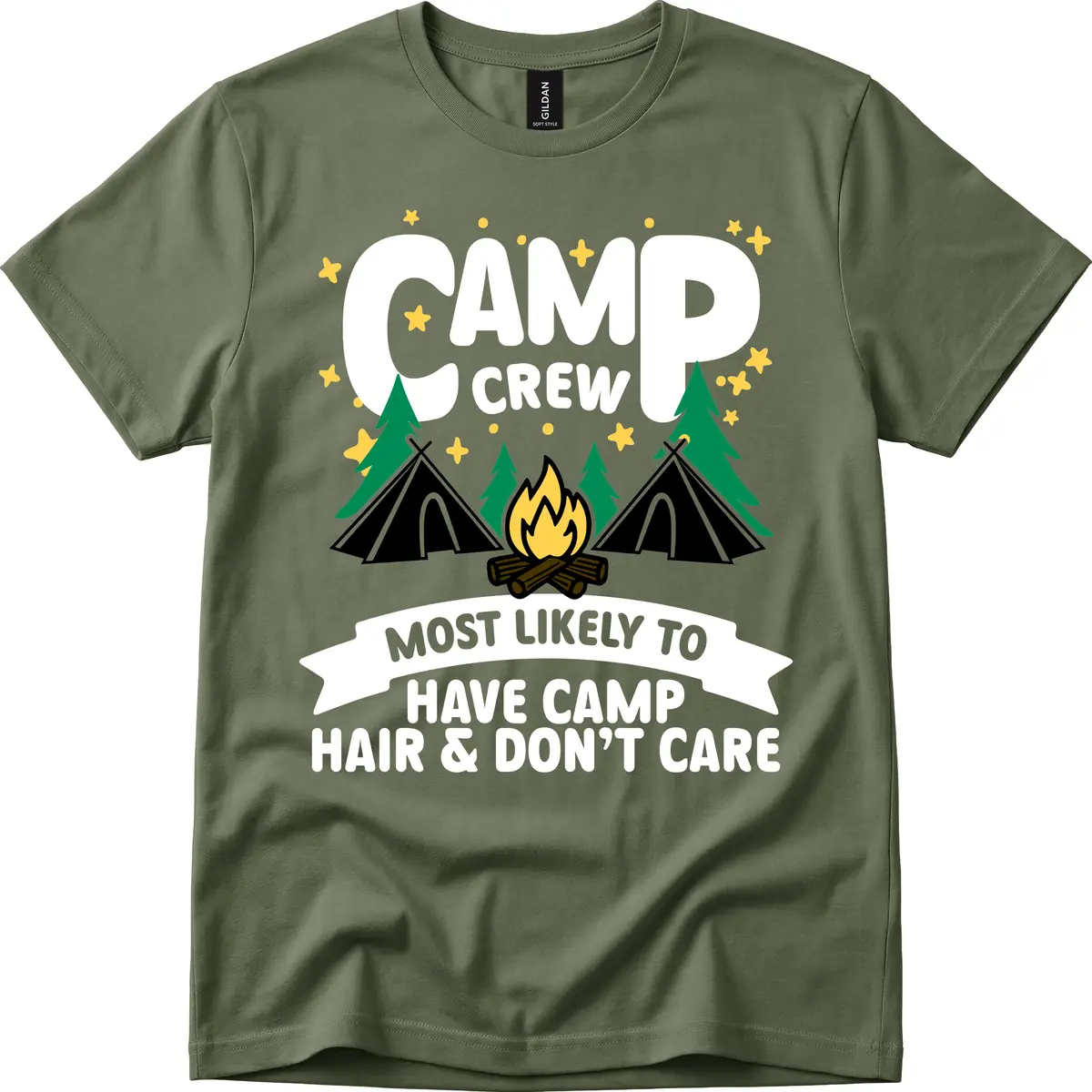 Camp Crew Most Likely Hair Don't Care T-Shirt in Military Green