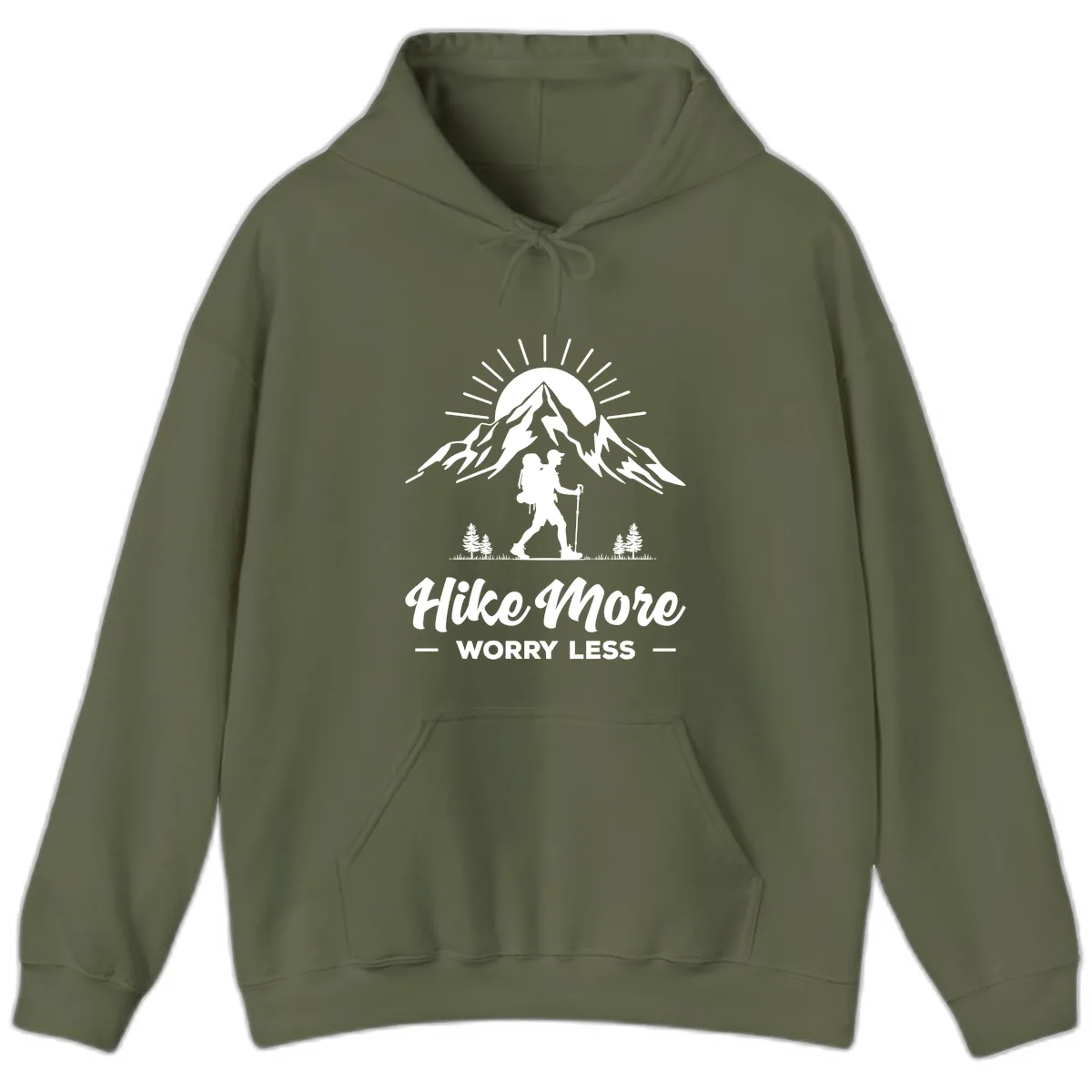 Hike More Worry Less Mountain Hoodie in Military Green