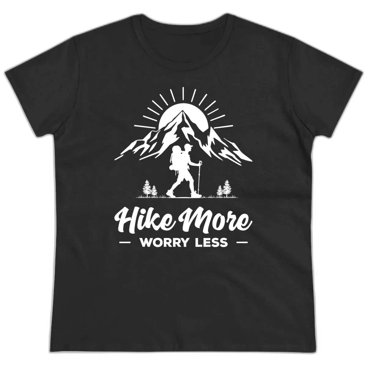 Hike More Worry Less Mountain Ladies Tee in Black
