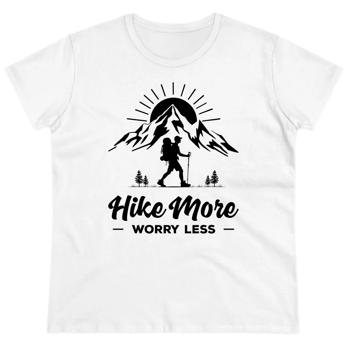 Hike More Worry Less Mountain Ladies Tee in White