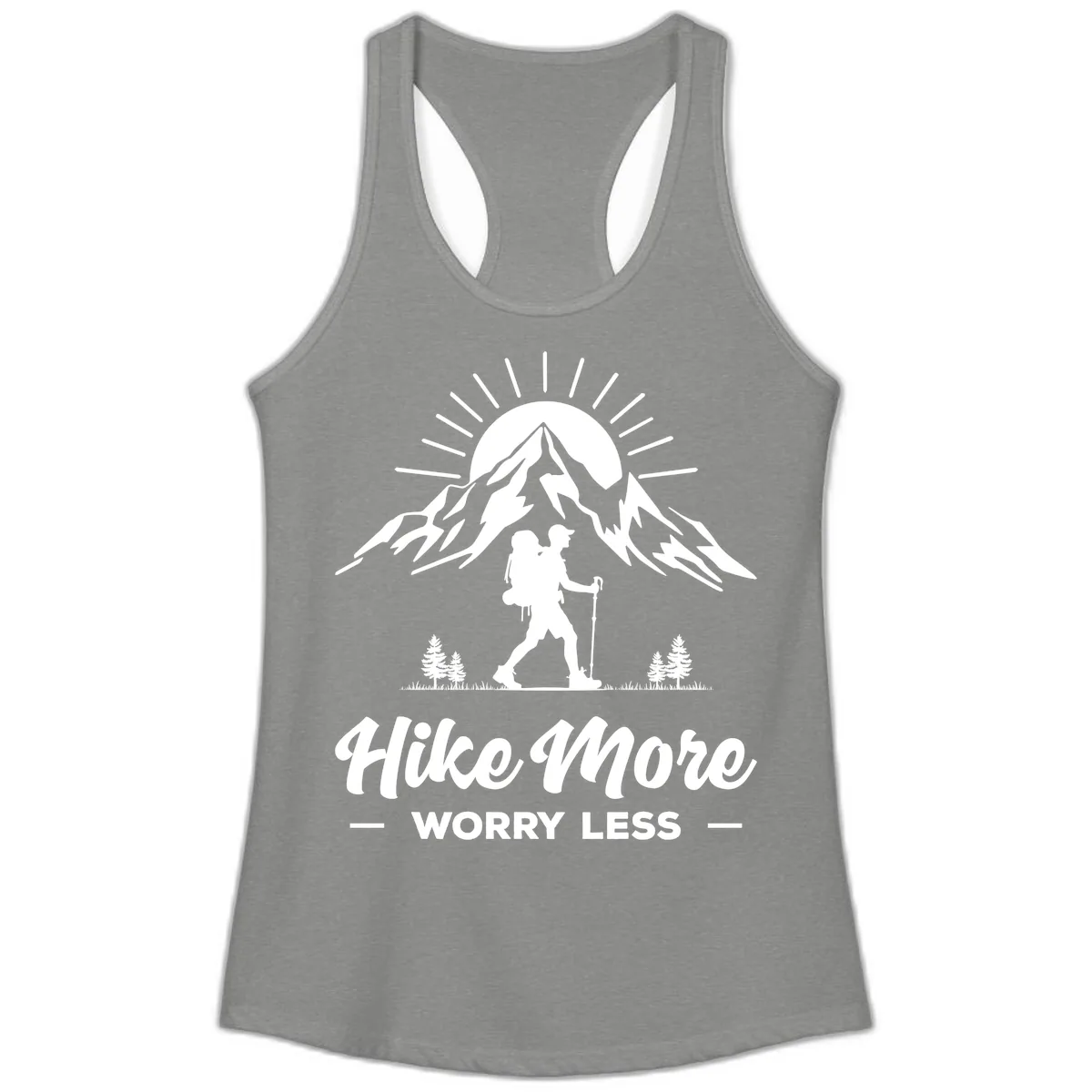 Hike More Worry Less Mountain Ladies Tank in Heather Grey