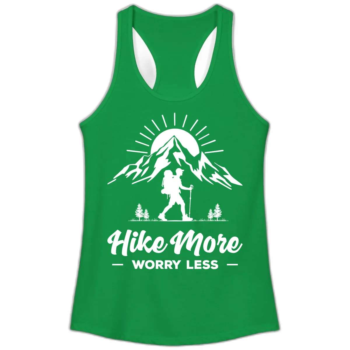 Hike More Worry Less Mountain Ladies Tank in Solid Kelly Green