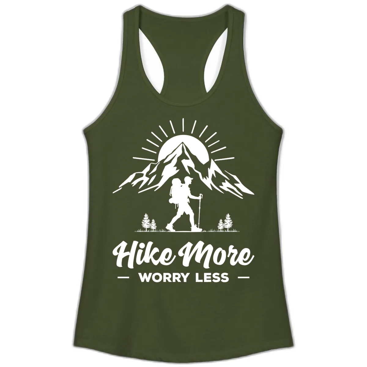 Hike More Worry Less Mountain Ladies Tank in Solid Military Green