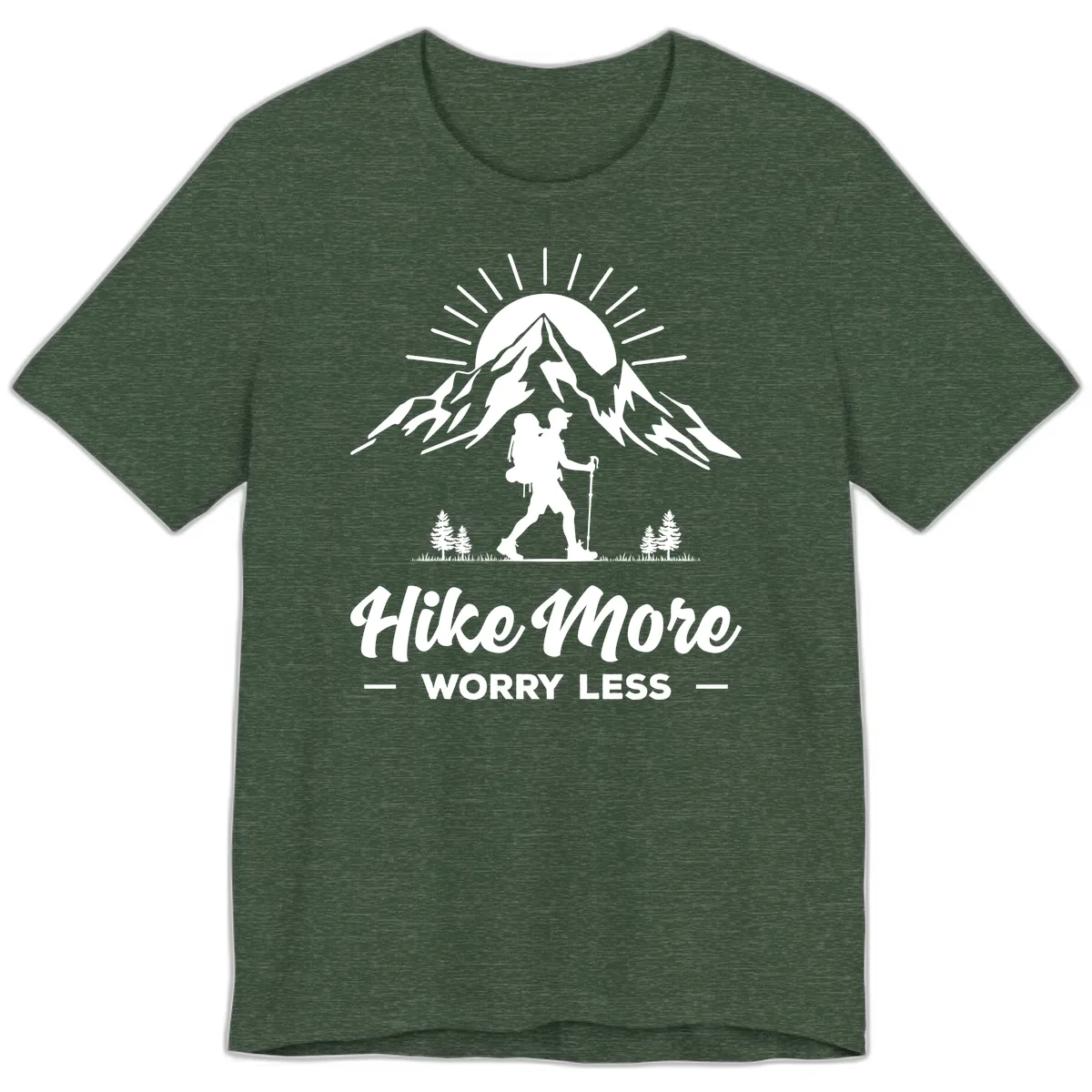 Hike More Worry Less Mountain Premium T-Shirt in Heather Forest