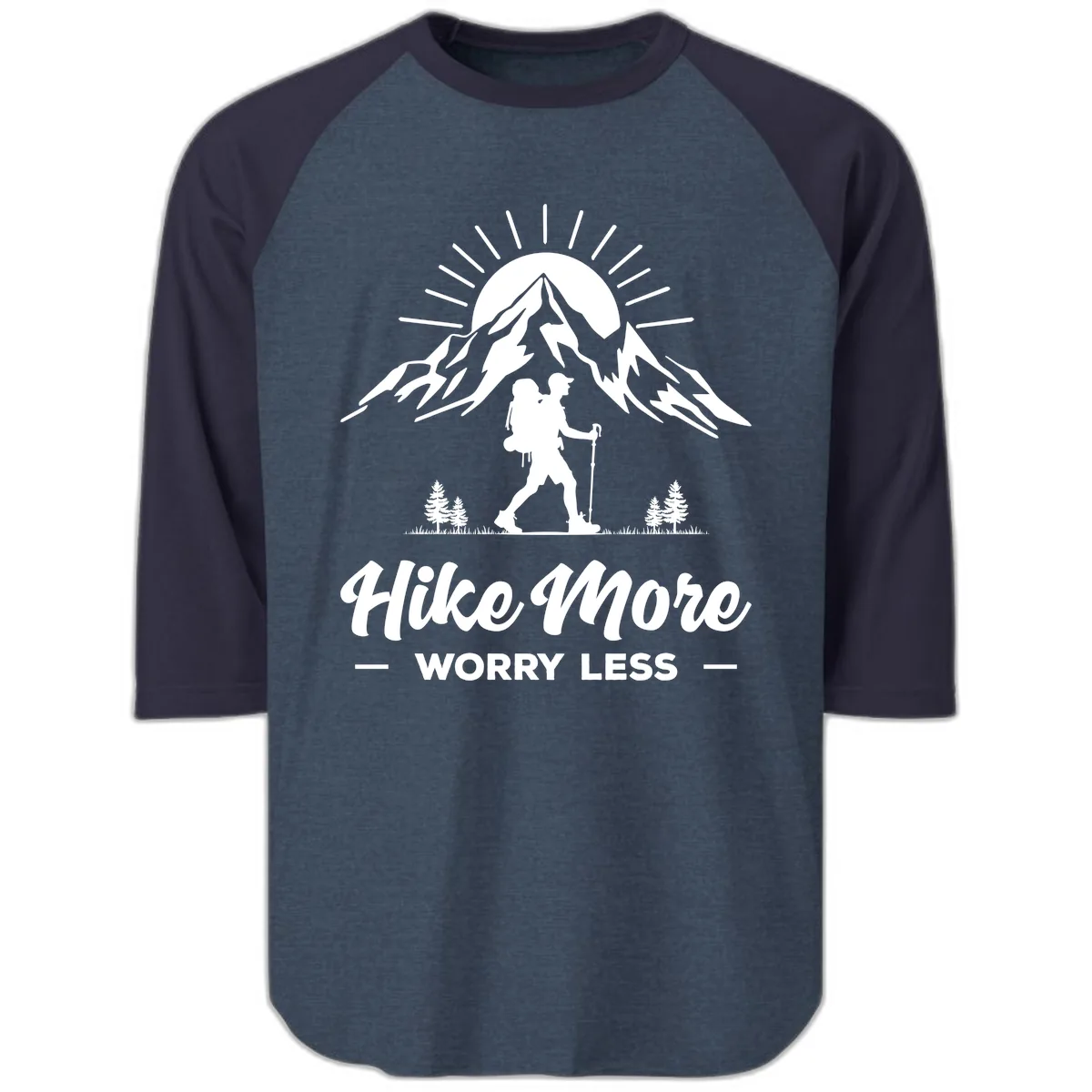Hike More Worry Less Mountain Raglan 3/4 in Heather Denim Navy