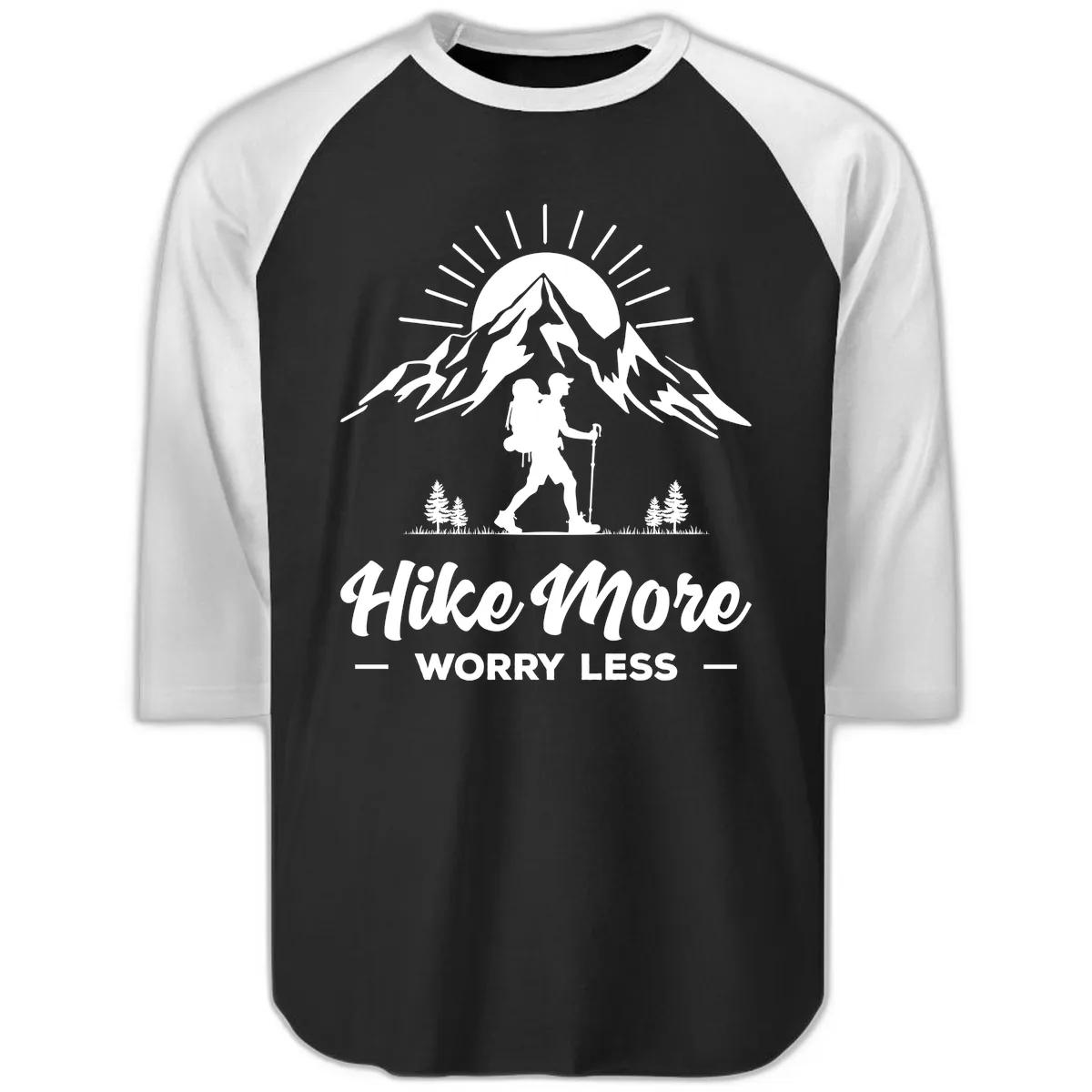 Hike More Worry Less Mountain Raglan 3/4 in Black White