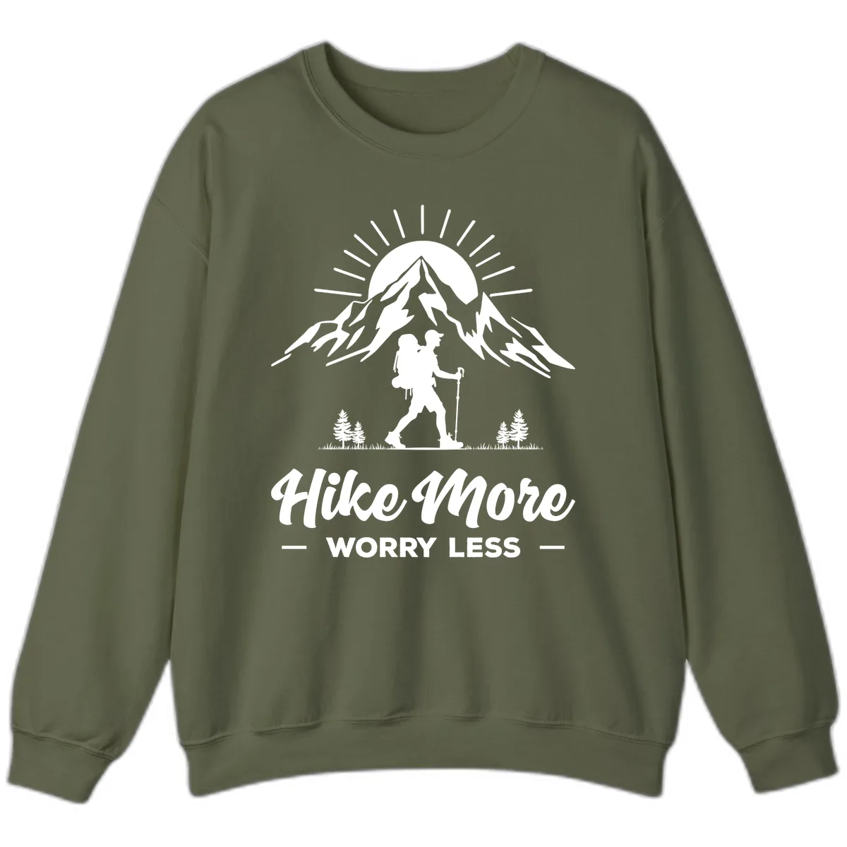 Hike More Worry Less Mountain Sweatshirt in Military Green