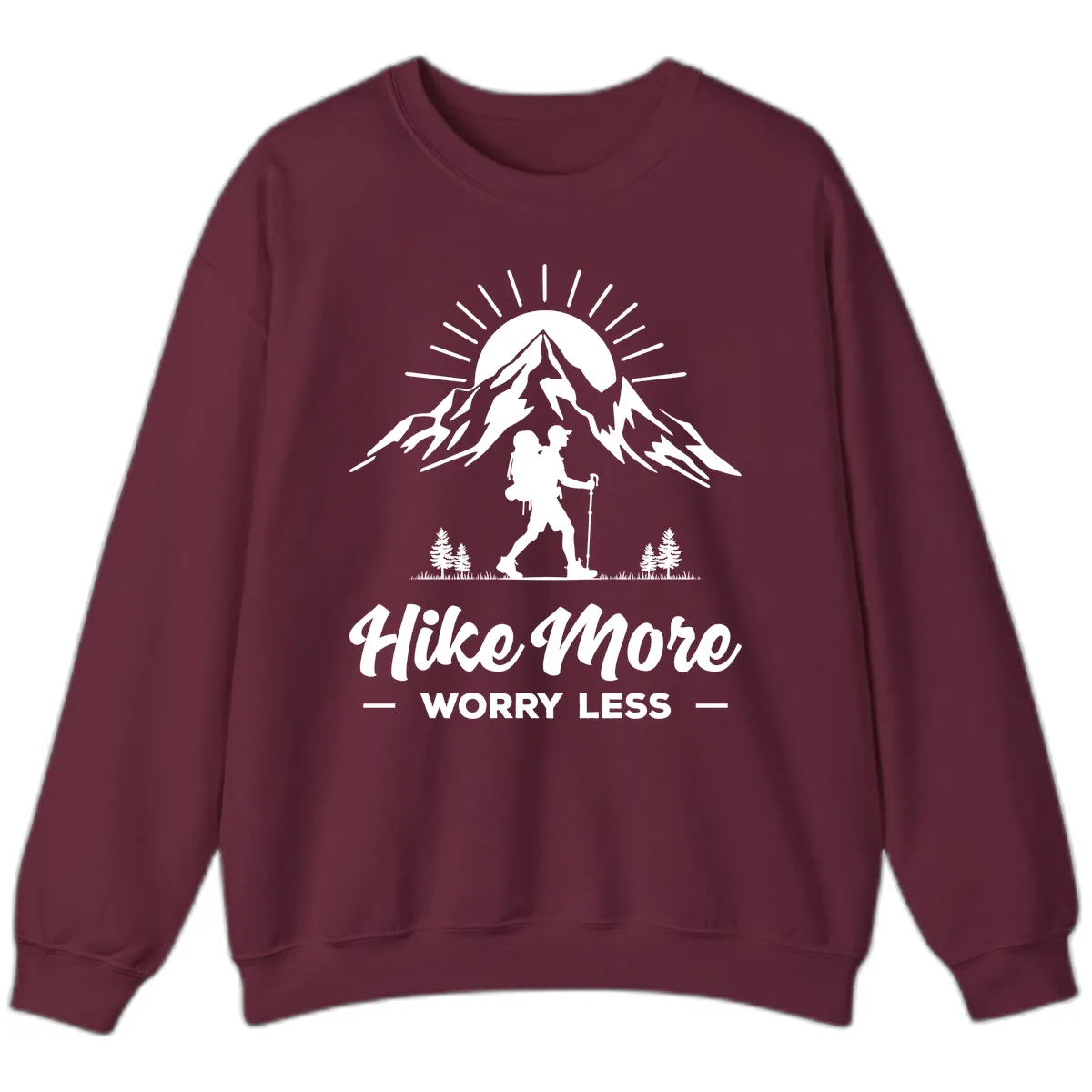 Hike More Worry Less Mountain Sweatshirt in Maroon