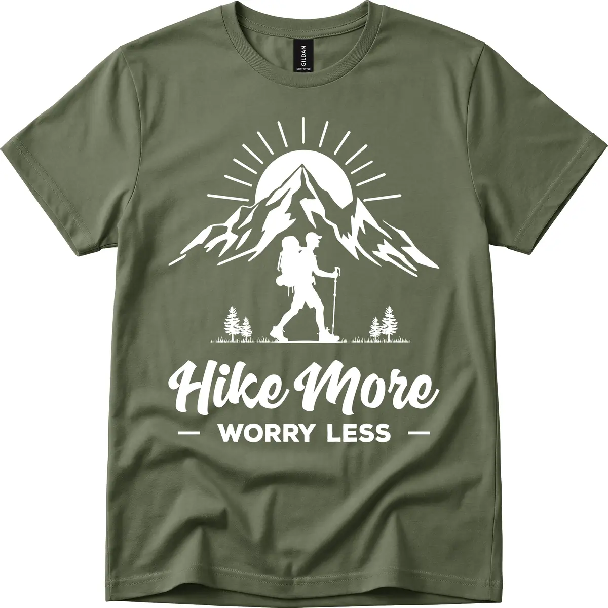 Hike More Worry Less Mountain T-Shirt in Military Green