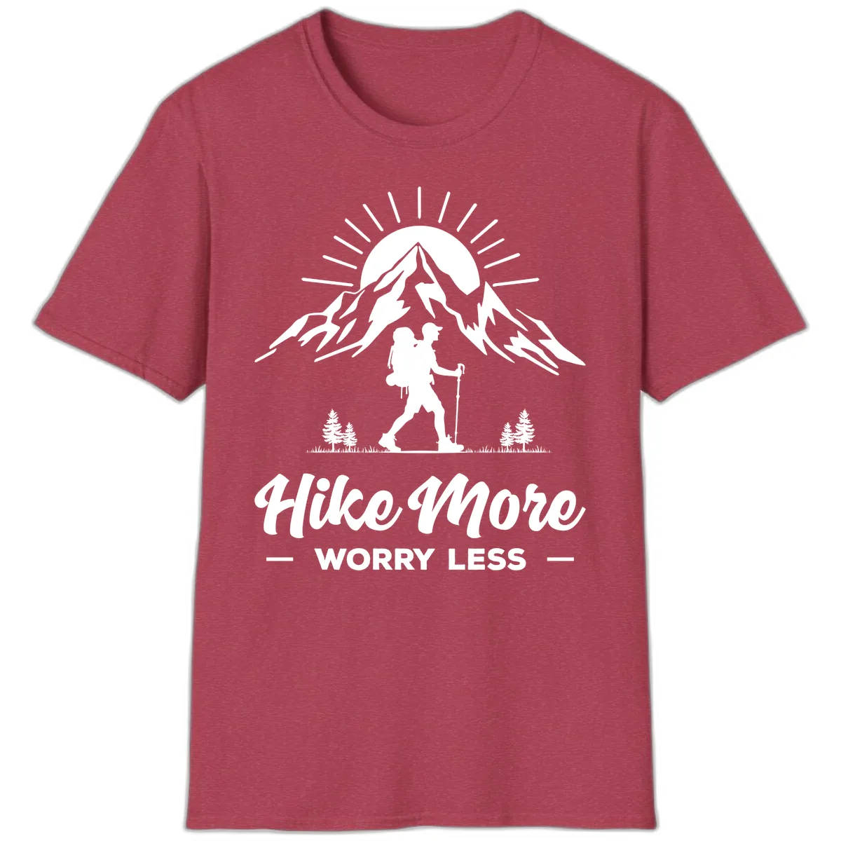 Hike More Worry Less Mountain T-Shirt in Heather Cardinal
