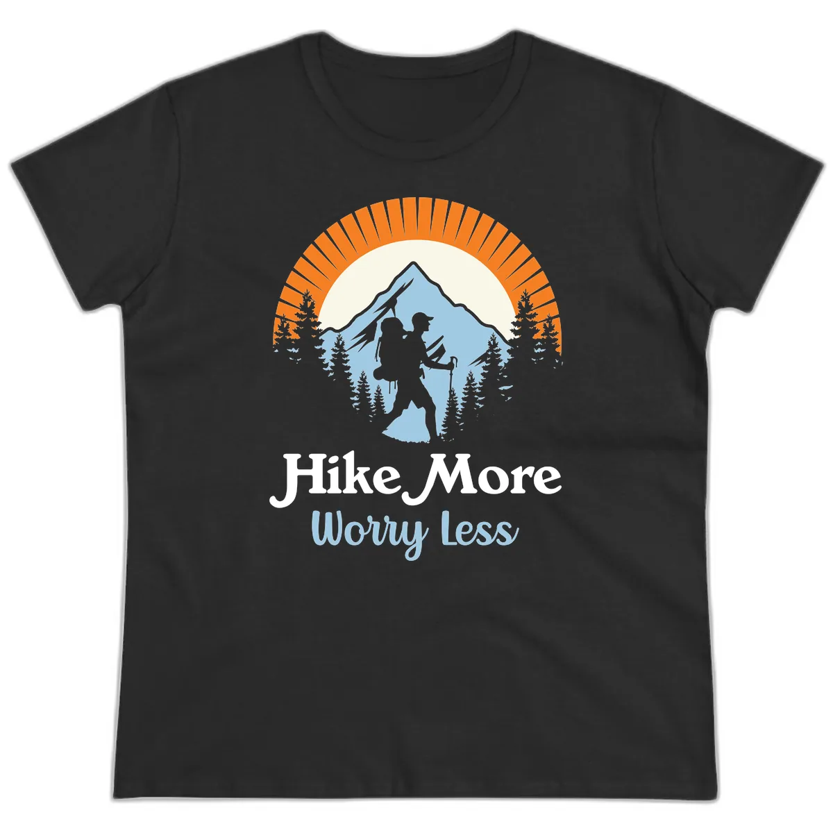 Hike More Worry Less Mountain Adventure Ladies Tee in Black