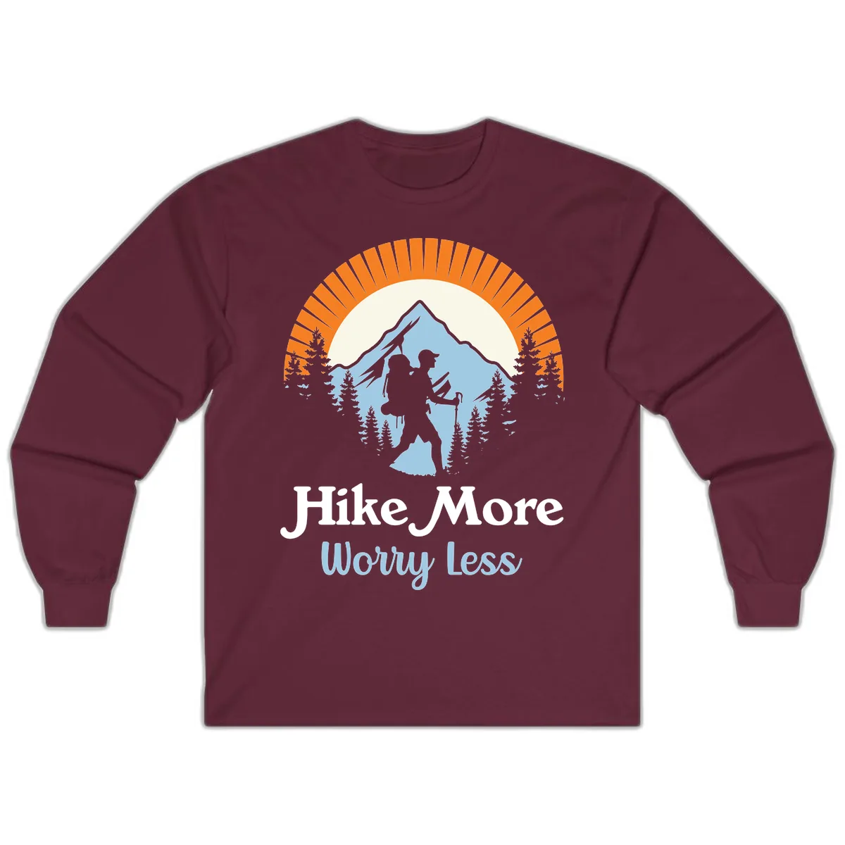 Hike More Worry Less Mountain Adventure Long Sleeve in Maroon