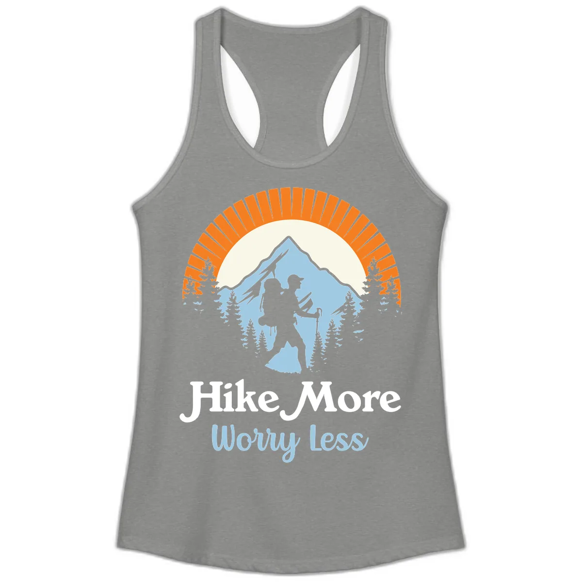 Hike More Worry Less Mountain Adventure Ladies Tank in Heather Grey