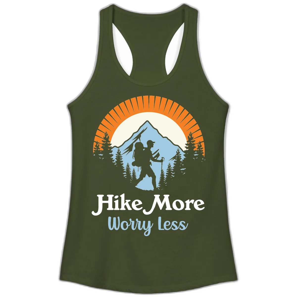 Hike More Worry Less Mountain Adventure Ladies Tank in Solid Military Green