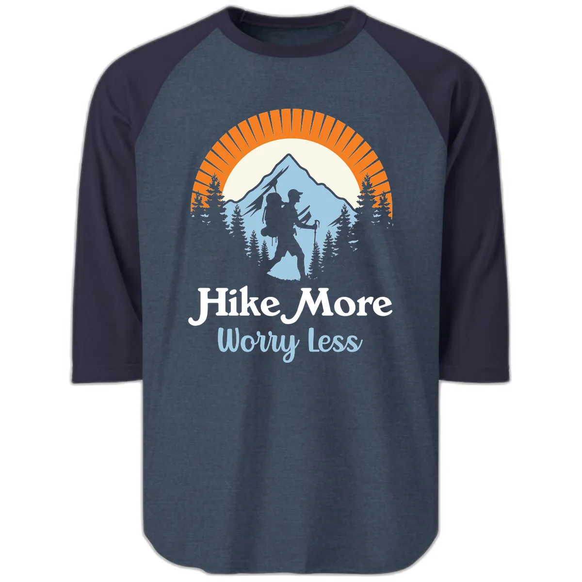 Hike More Worry Less Mountain Adventure Raglan 3/4 in Heather Denim Navy