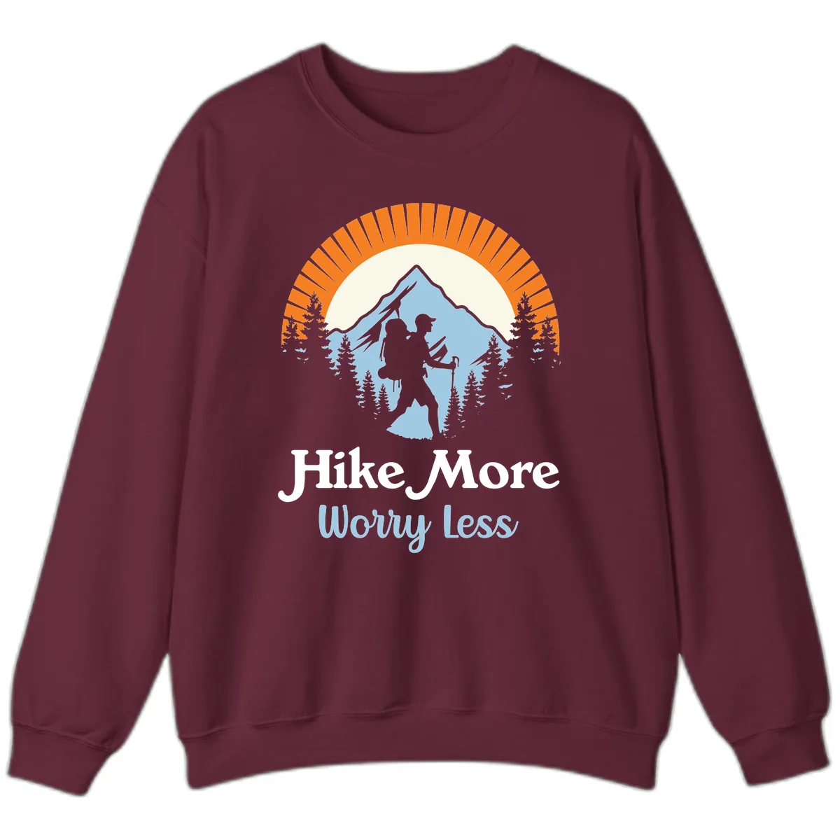 Hike More Worry Less Mountain Adventure Sweatshirt in Maroon