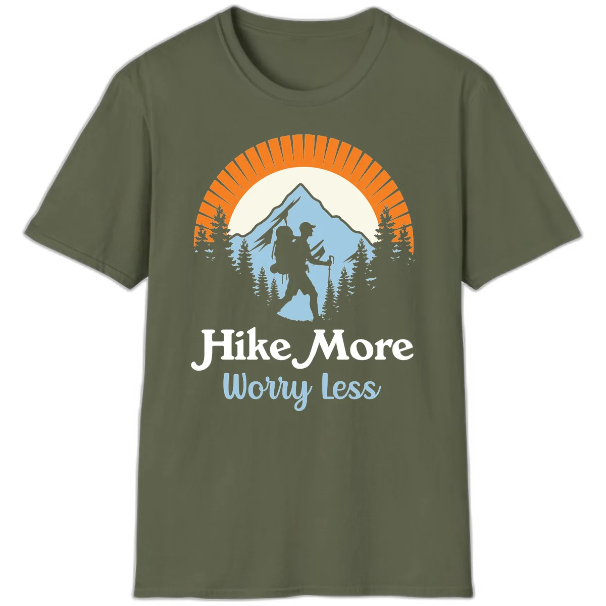 Hike More Worry Less Mountain Adventure T-Shirt in Military Green
