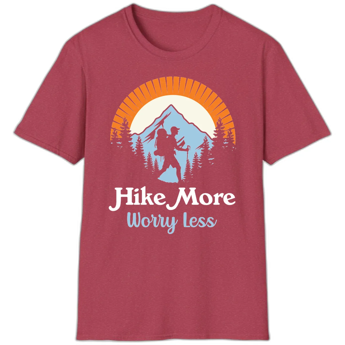 Hike More Worry Less Mountain Adventure T-Shirt in Heather Cardinal