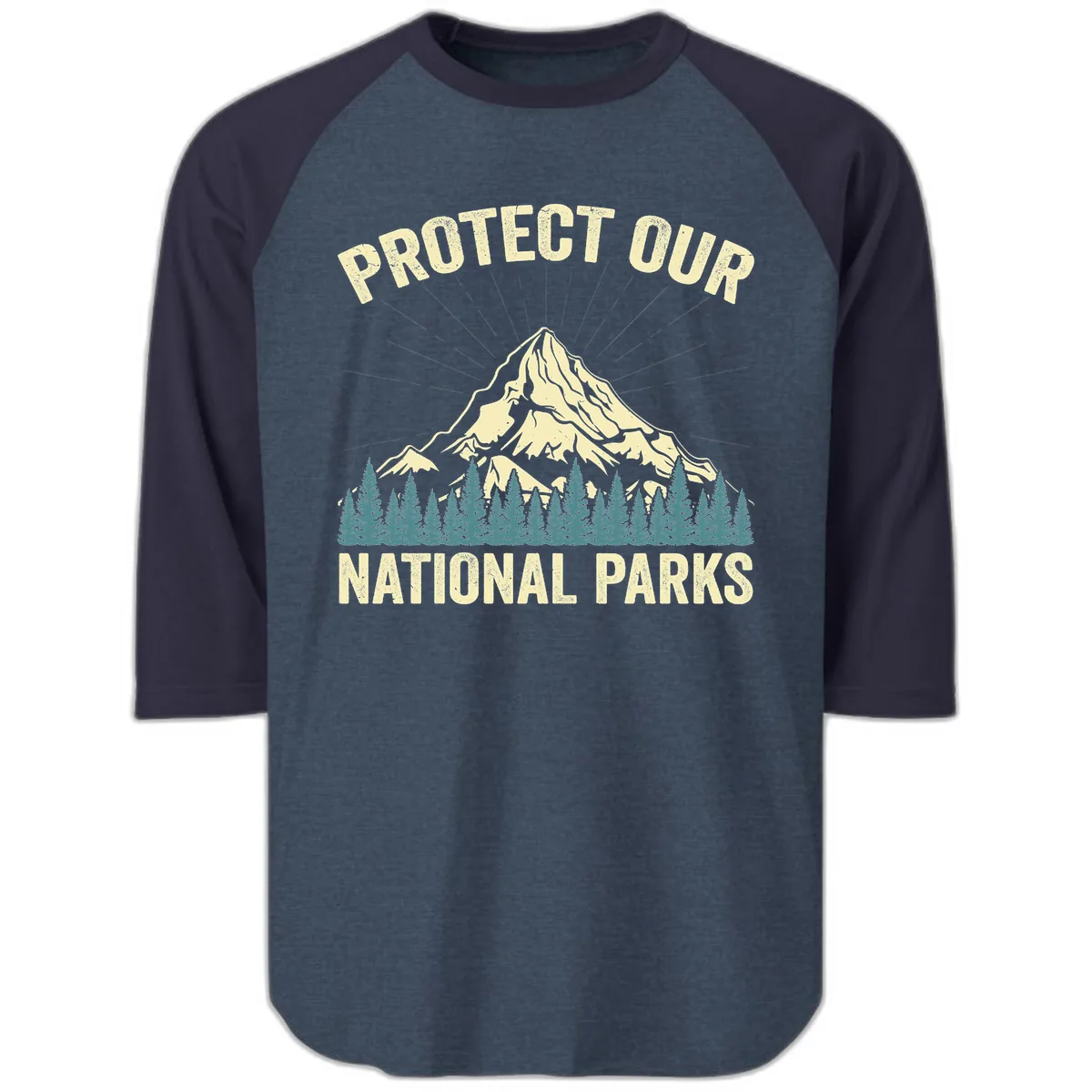 Protect Our National Parks Mountain Raglan 3/4 in Heather Denim Navy