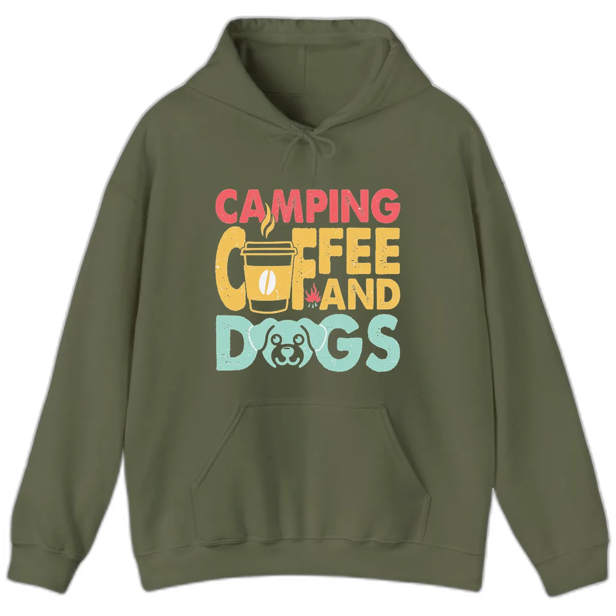 Camping Coffee And Dogs Hoodie in Military Green