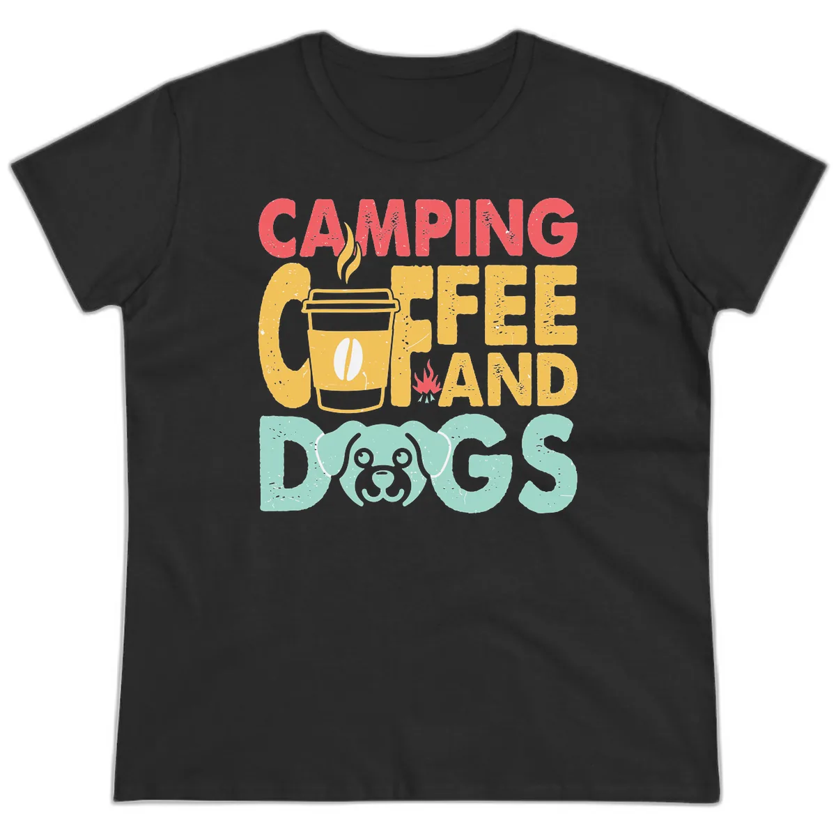 Camping Coffee And Dogs Ladies Tee in Black