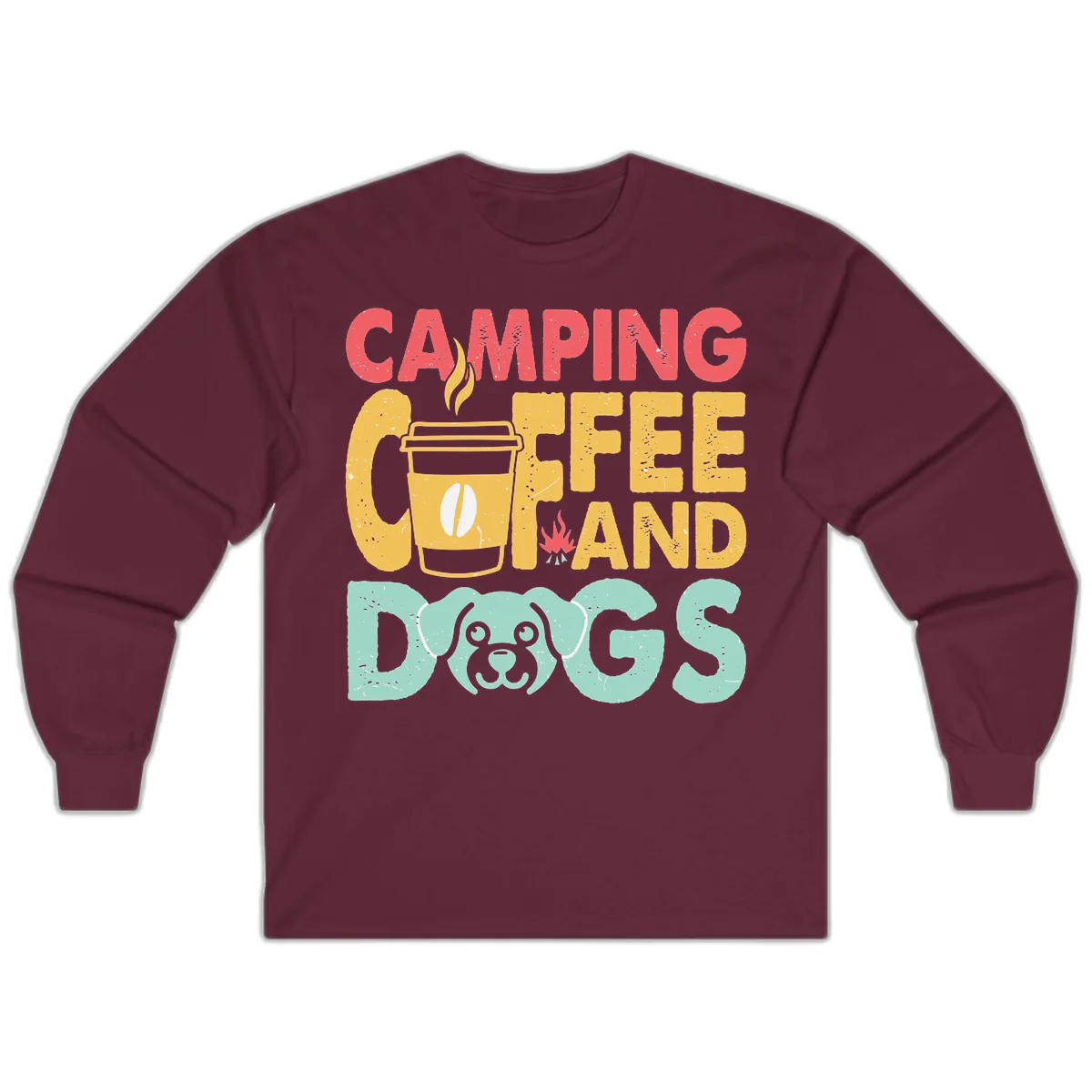Camping Coffee And Dogs Long Sleeve in Maroon