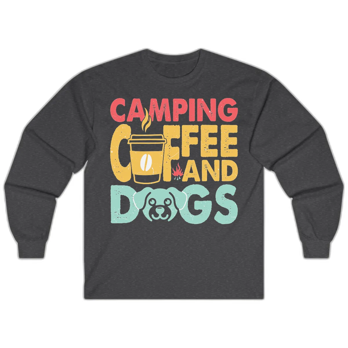Camping Coffee And Dogs Long Sleeve in Dark Heather