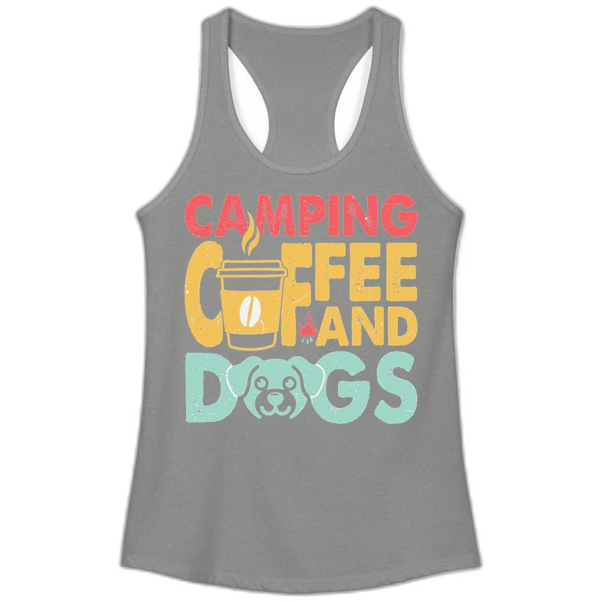 Camping Coffee And Dogs Ladies Tank in Heather Grey