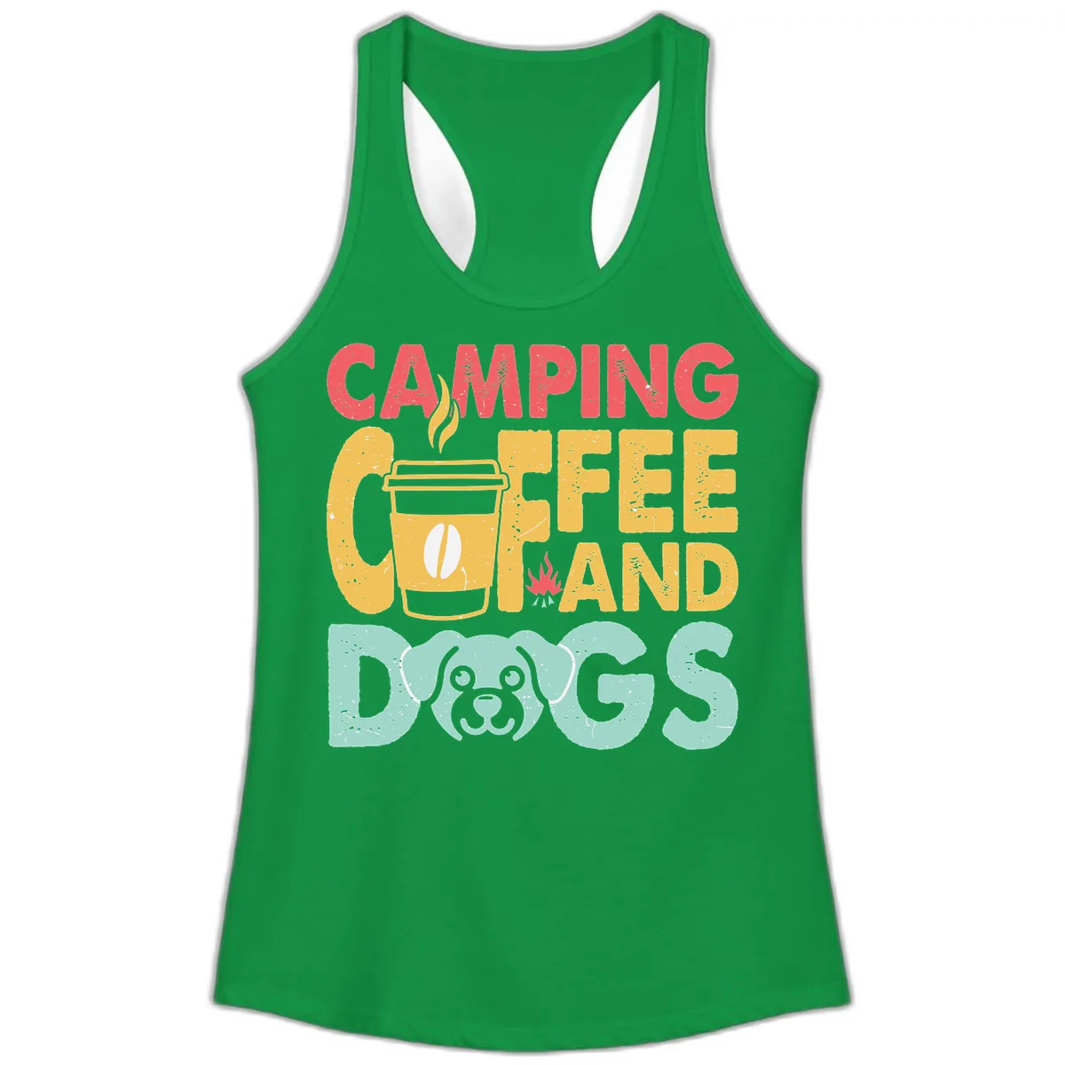 Camping Coffee And Dogs Ladies Tank in Solid Kelly Green