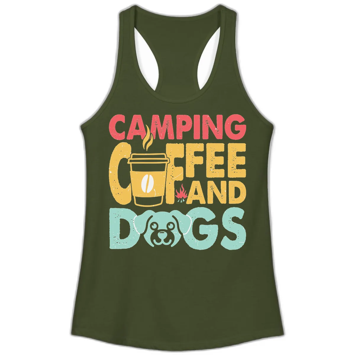 Camping Coffee And Dogs Ladies Tank in Solid Military Green