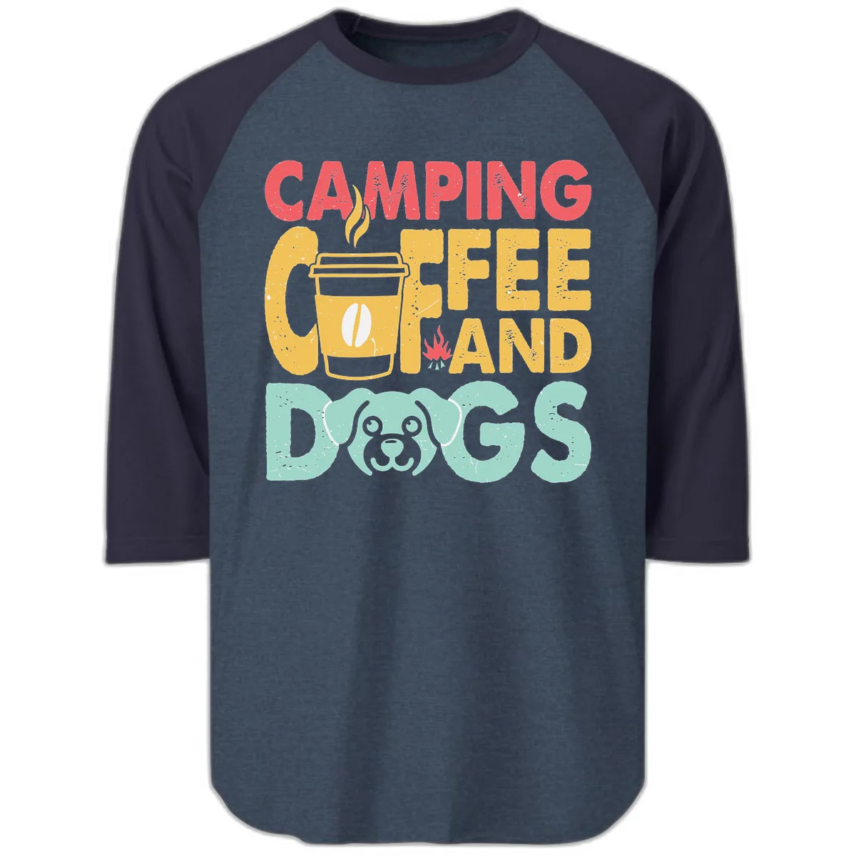 Camping Coffee And Dogs Raglan 3/4 in Heather Denim Navy