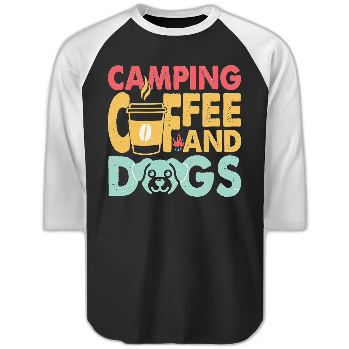 Camping Coffee And Dogs Raglan 3/4 in Black White