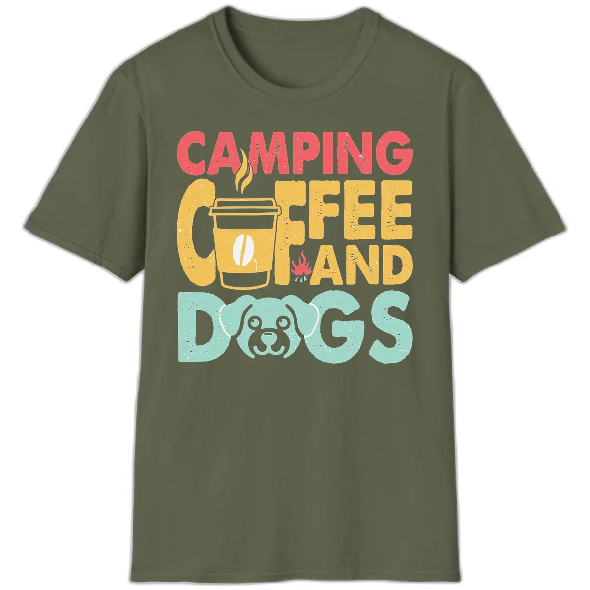 Camping Coffee And Dogs T-Shirt in Military Green