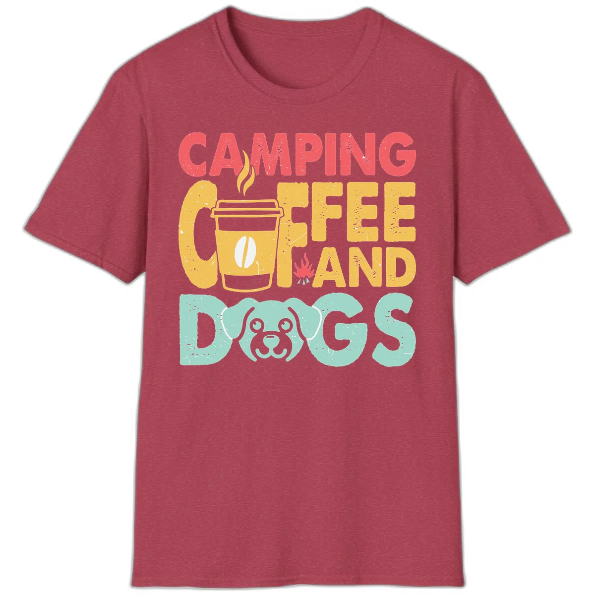 Camping Coffee And Dogs T-Shirt in Heather Cardinal