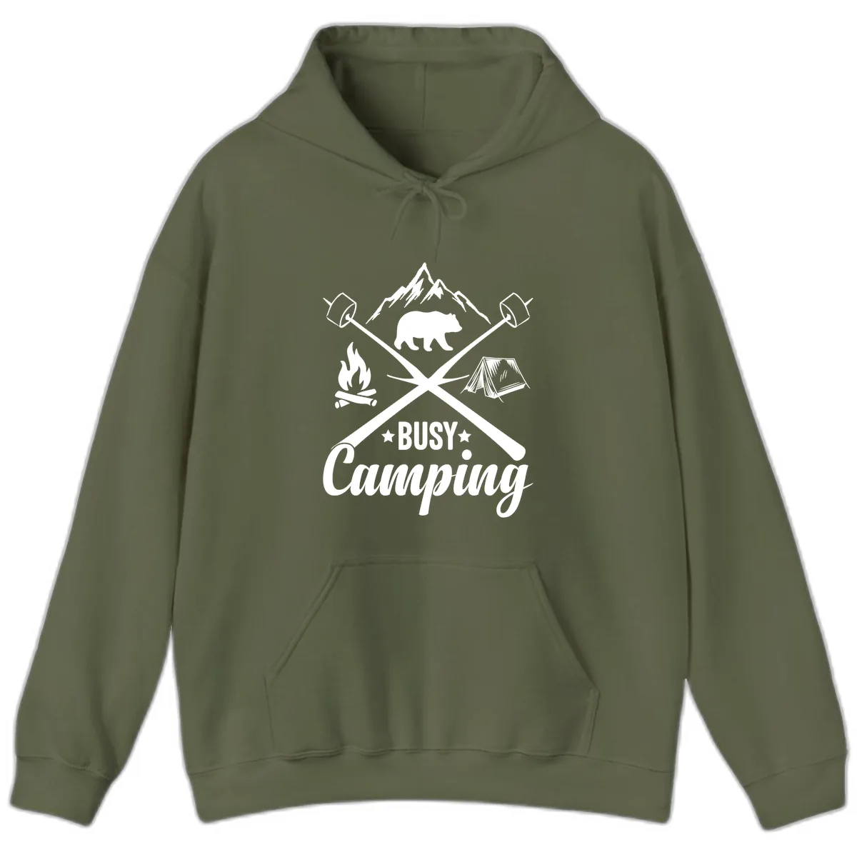Busy Camping Adventure Badge Hoodie in Military Green