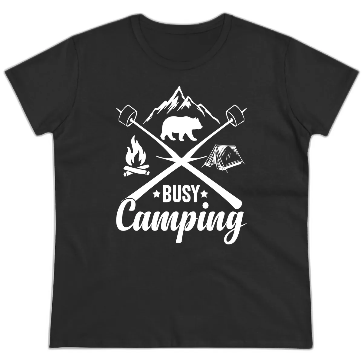 Busy Camping Adventure Badge Ladies Tee in Black