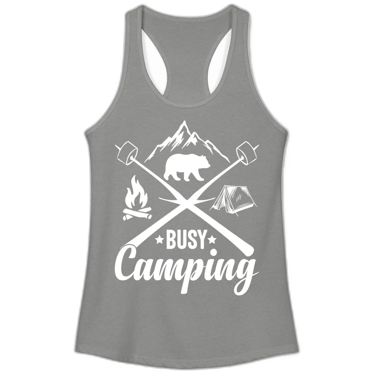 Busy Camping Adventure Badge Ladies Tank in Heather Grey