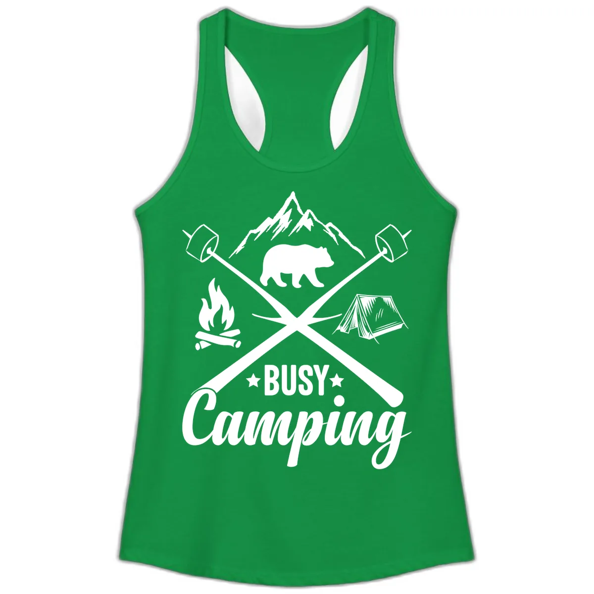 Busy Camping Adventure Badge Ladies Tank in Solid Kelly Green