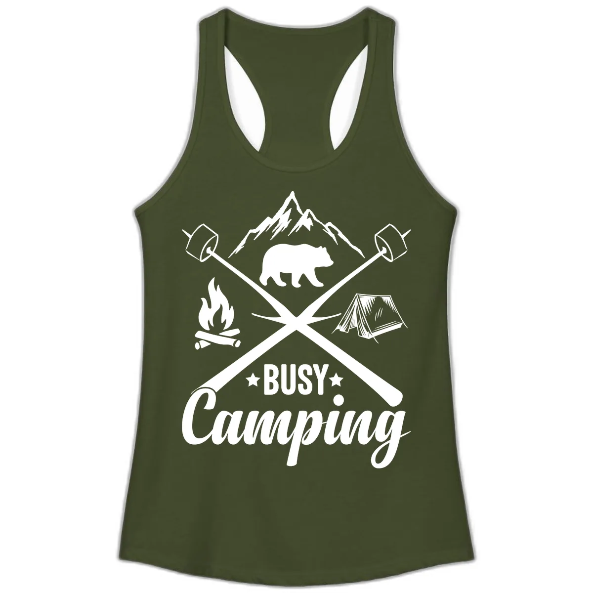 Busy Camping Adventure Badge Ladies Tank in Solid Military Green