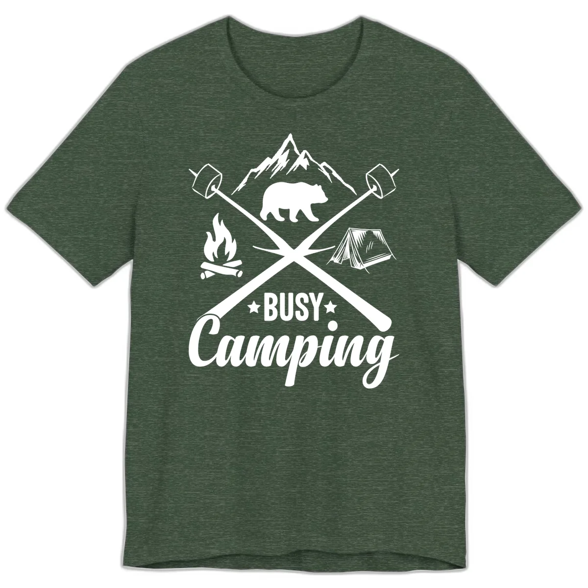 Busy Camping Adventure Badge Premium T-Shirt in Heather Forest