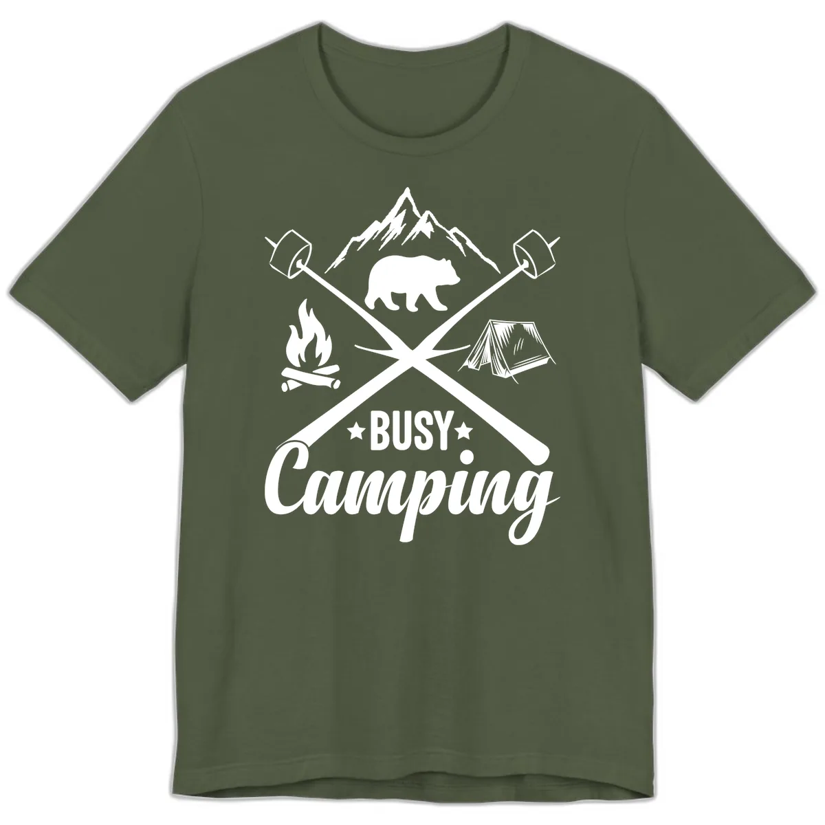 Busy Camping Adventure Badge Premium T-Shirt in Military Green
