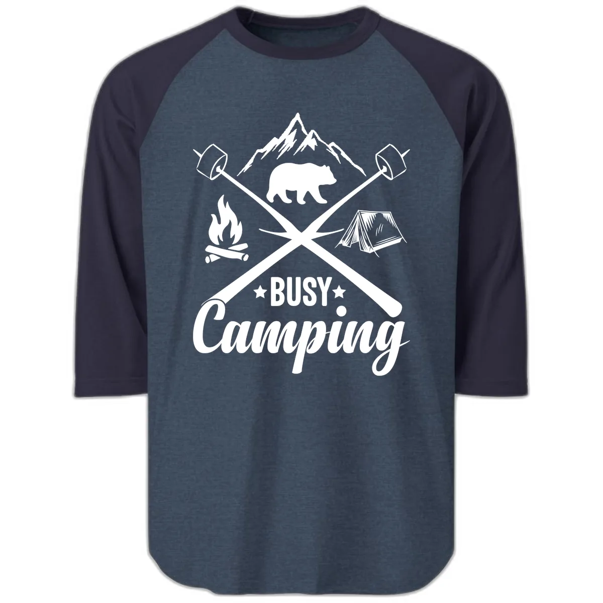 Busy Camping Adventure Badge Raglan 3/4 in Heather Denim Navy