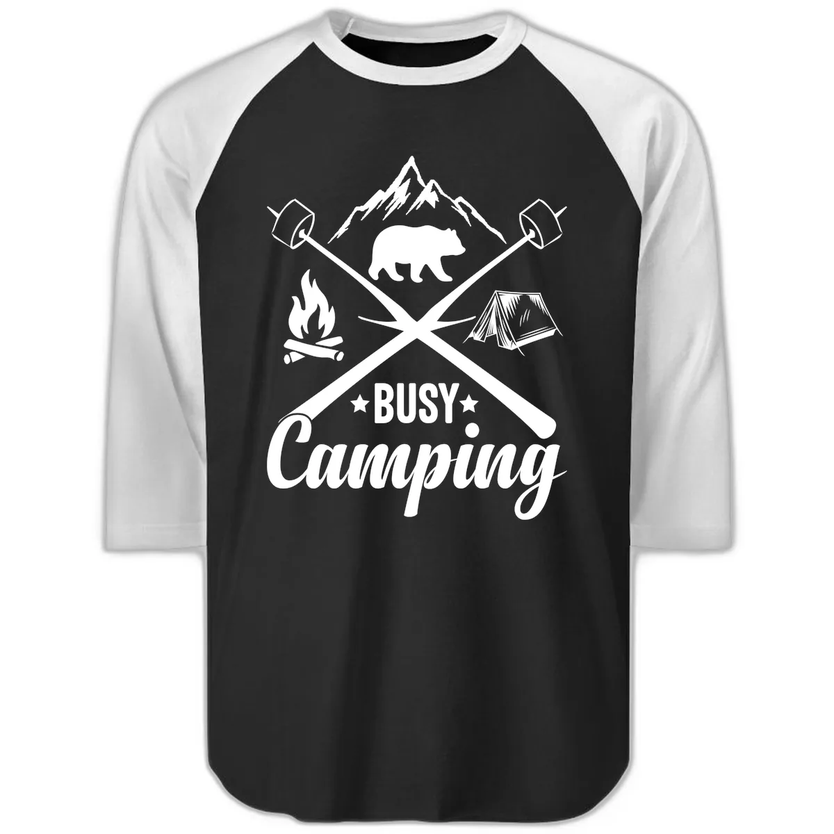 Busy Camping Adventure Badge Raglan 3/4 in Black White