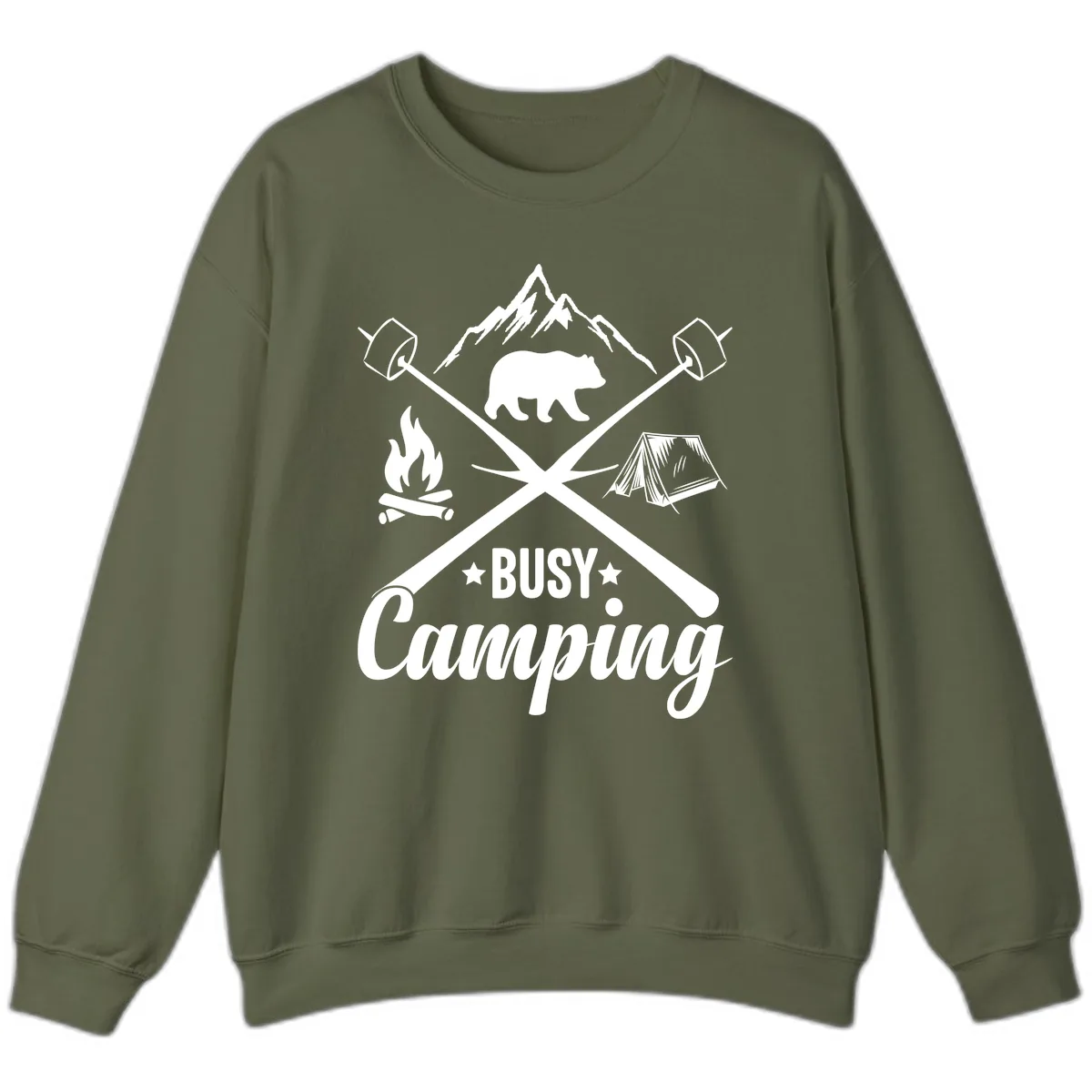Busy Camping Adventure Badge Sweatshirt in Military Green