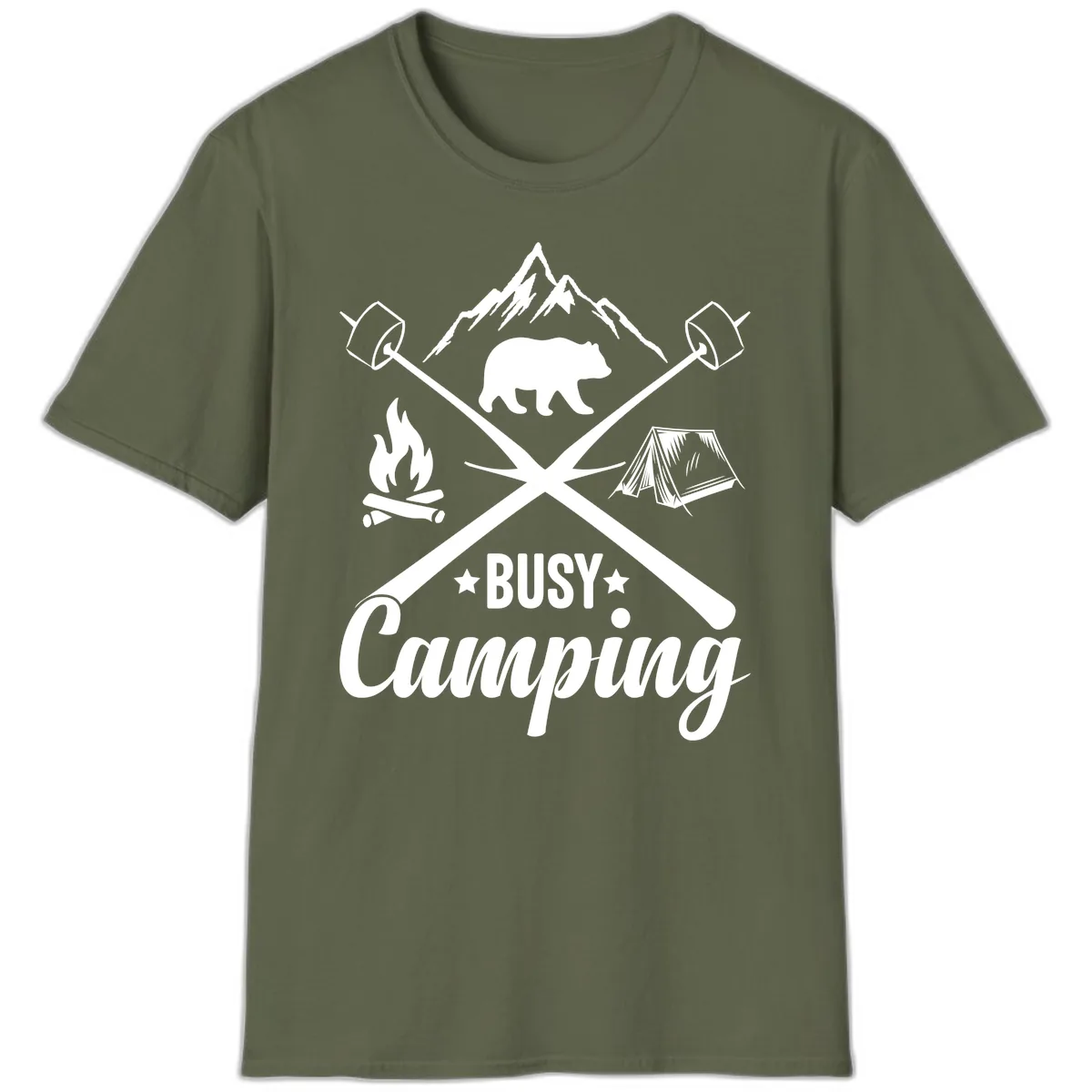 Busy Camping Adventure Badge T-Shirt in Military Green