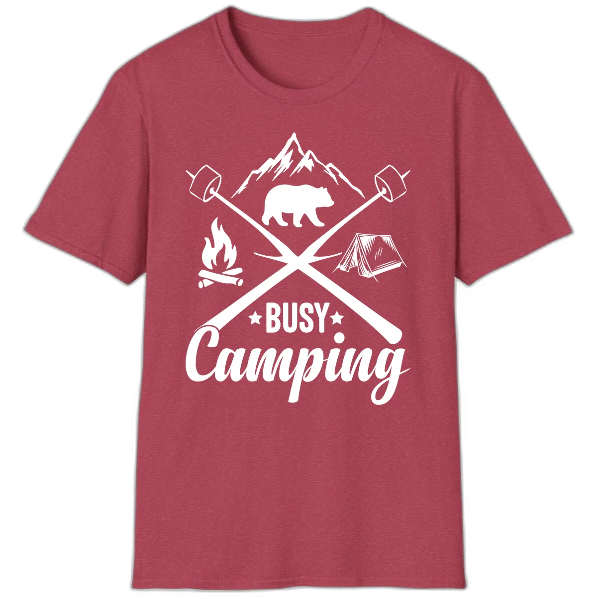 Busy Camping Adventure Badge T-Shirt in Heather Cardinal